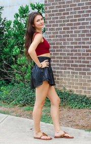 The Faux Leather Smocked Shorts (Black)