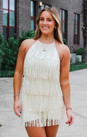 The Suede Fringe Romper (Off White)