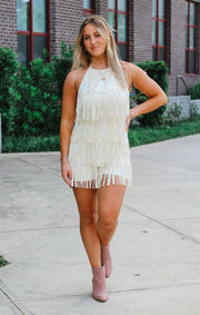 The Suede Fringe Romper (Off White)