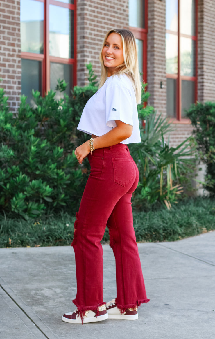 Women's Southern Clothing Boutique - Risen The High Rise Destroyed Straight  Jean (Garnet) – Bows and Arrows Co