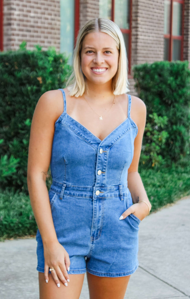 The Game Day Cami Denim Romper