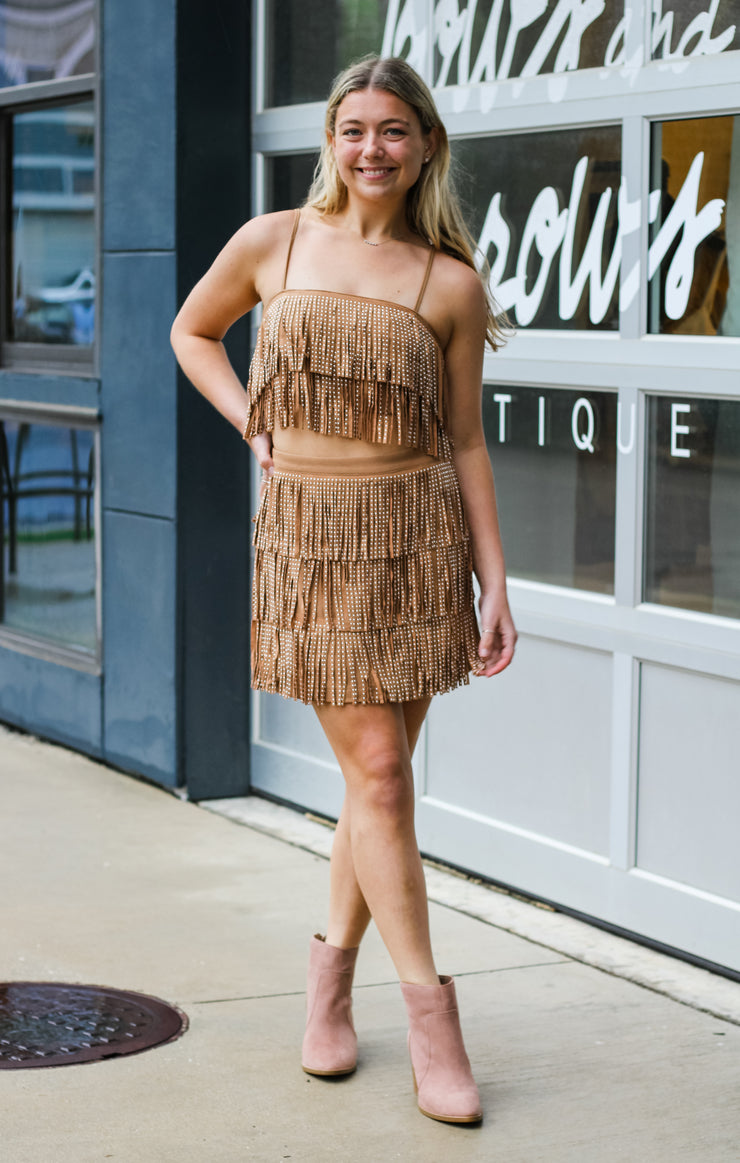 The Tiered Fringe Crop Top (Camel)