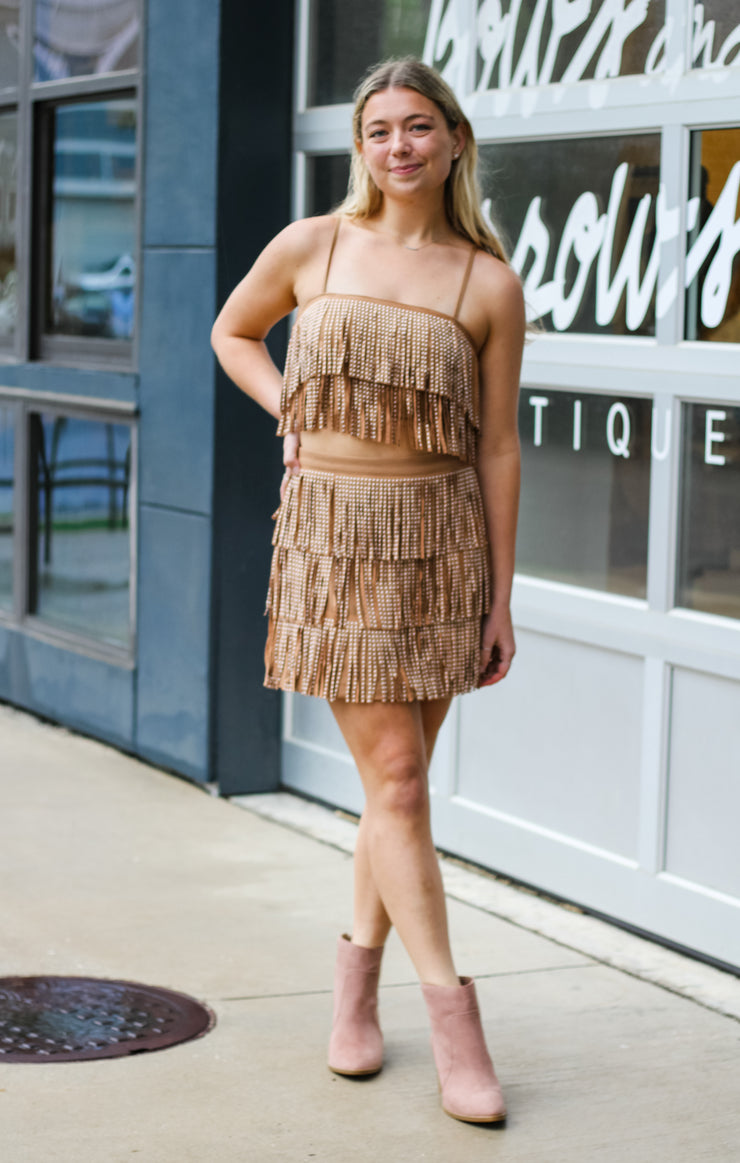 The Tiered Fringe Crop Top (Camel)