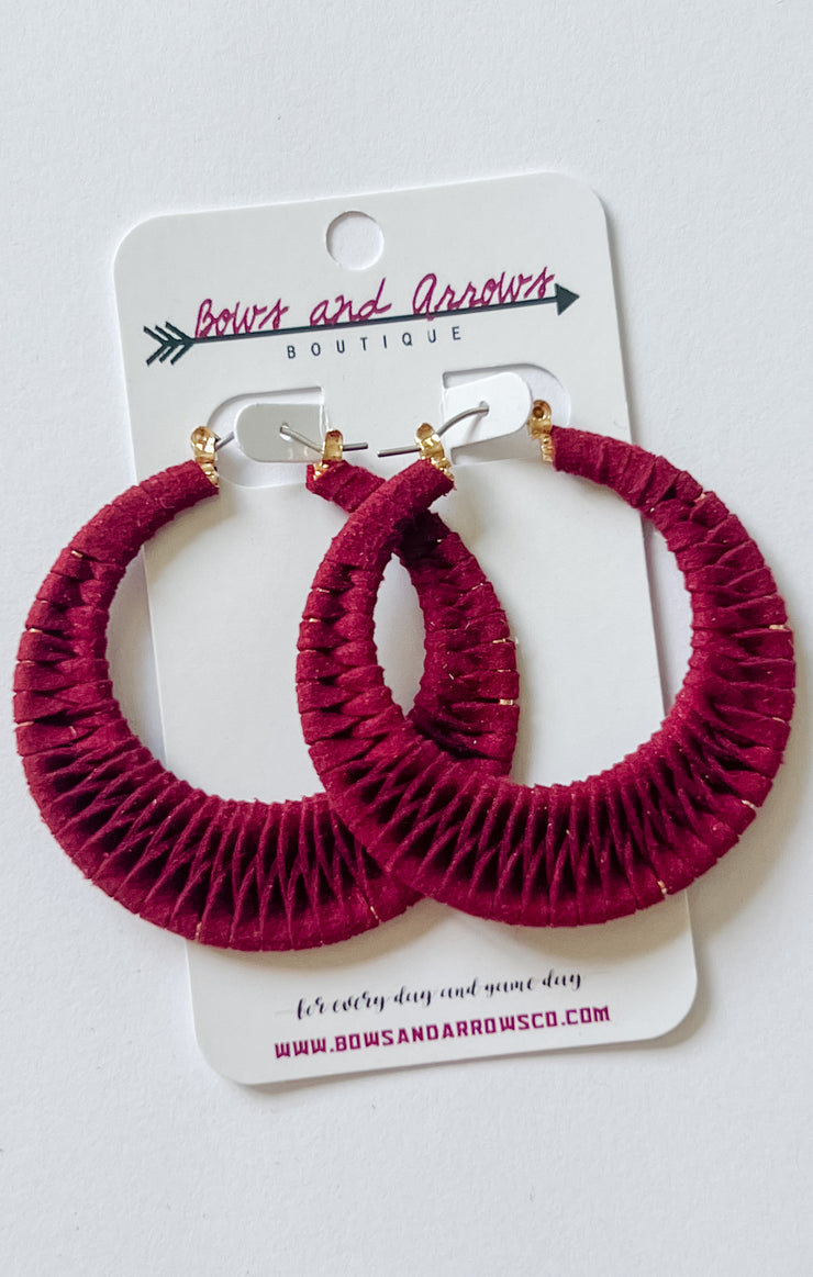 The Faux Suede Wrapped Hoops (Garnet)