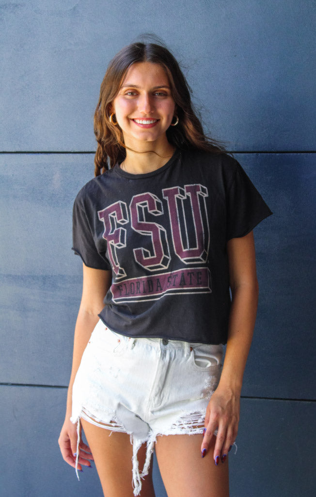The Erin FSU Block Vintage Cropped Tee (Black)