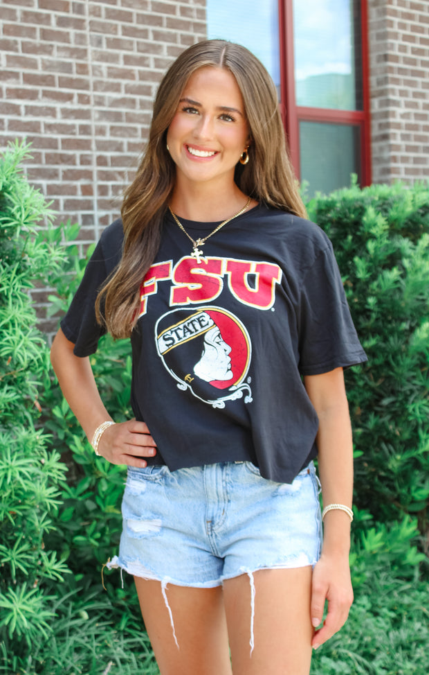 The FSU Lady 'Noles Vintage Boyfriend Crop Tee (Black)