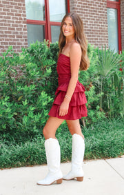 The Game Day Strapless Tiered Mini Dress (Garnet)
