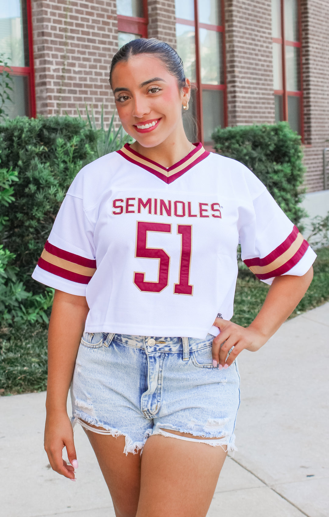 Florida State University Seminoles Women's Apparel - Hype & Vice The Florida State Cropped Football Jersey (White) Bows and Arrows Co Florida State University Seminoles Women's Apparel - Hype & Vice The Florida State Cropped Football Jersey (White) Bows and Arrows Co