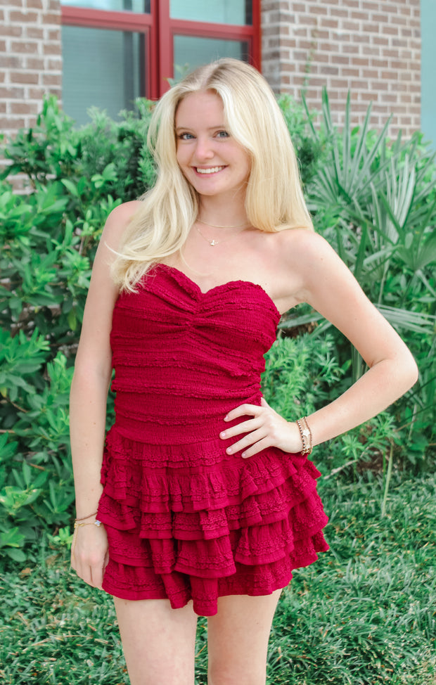 The Smocked Ruffle Romper Dress (Garnet)