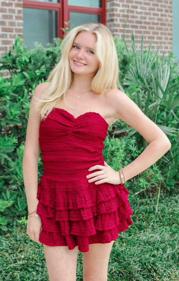The Smocked Ruffle Romper Dress (Garnet)