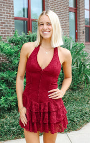 The Halter Game Day Mini Dress (Garnet)