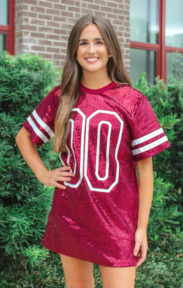 The Sequin Jersey Tee Dress (Garnet)