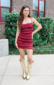 The Ruffle Textured Mini Dress (Garnet)