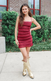 The Ruffle Textured Mini Dress (Garnet)