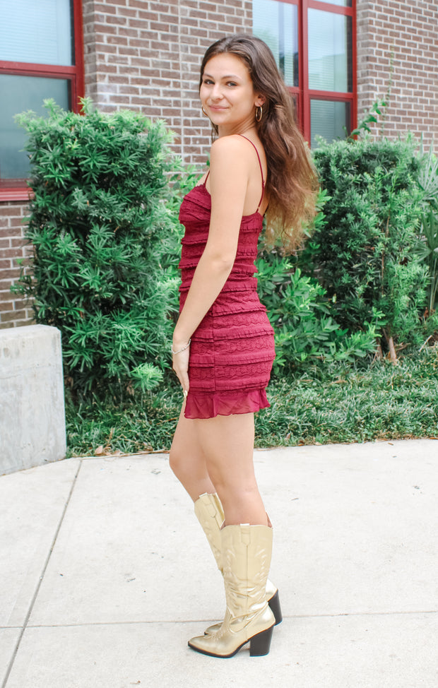 The Ruffle Textured Mini Dress (Garnet)