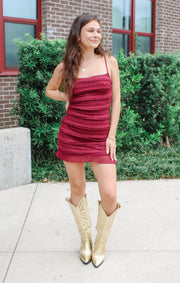 The Ruffle Textured Mini Dress (Garnet)