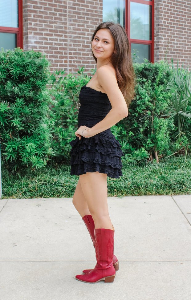 The Smocked Ruffle Romper Dress (Black)