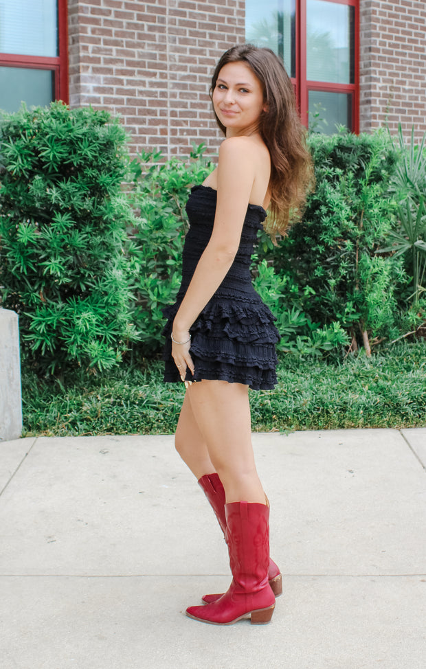 The Smocked Ruffle Romper Dress (Black)
