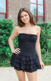 The Smocked Ruffle Romper Dress (Black)