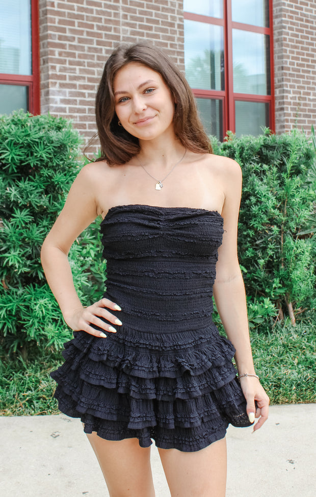 The Smocked Ruffle Romper Dress (Black)