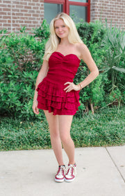The Smocked Ruffle Romper Dress (Garnet)