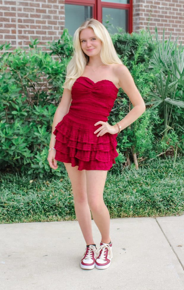 The Smocked Ruffle Romper Dress (Garnet)