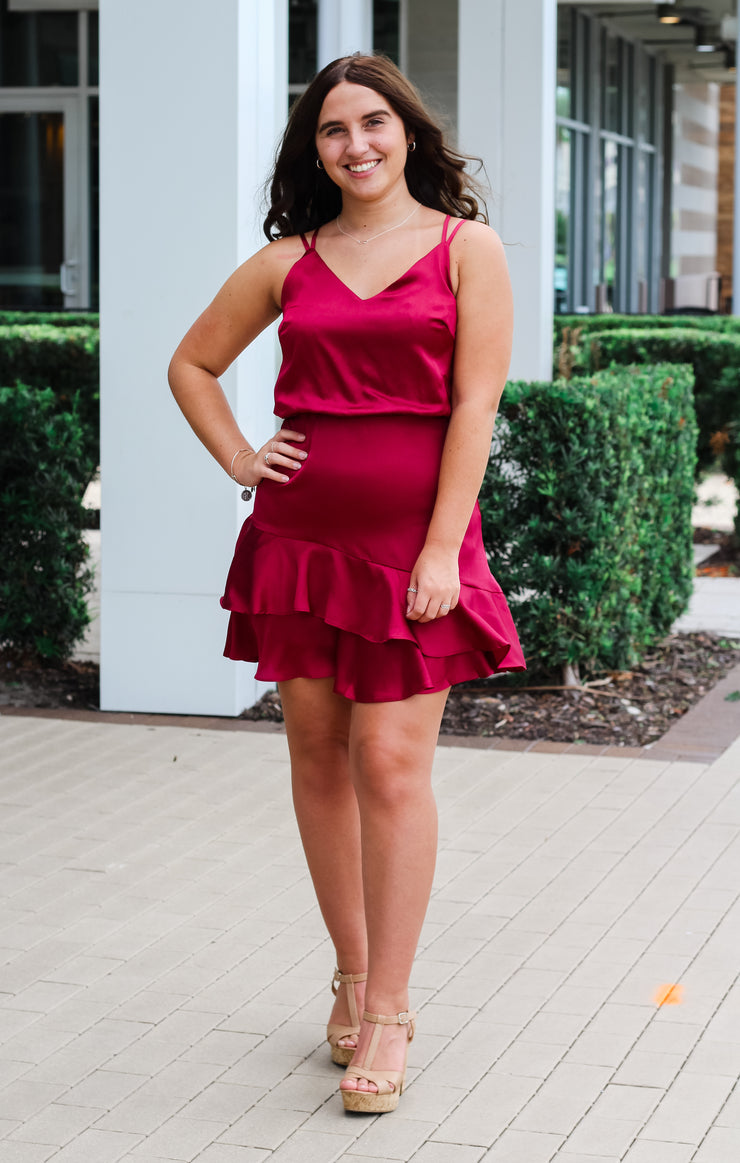 The Ruffle Hem Satin Mini (Garnet)