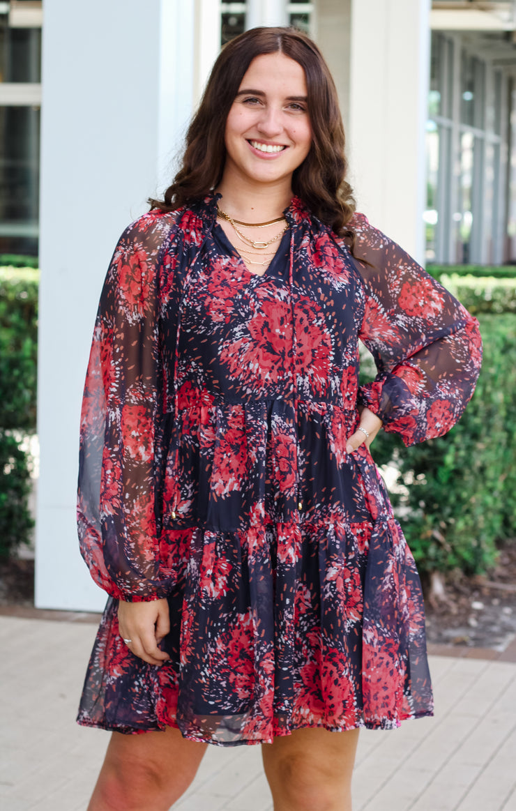 The Printed Long Sleeve Mini Dress (Red)