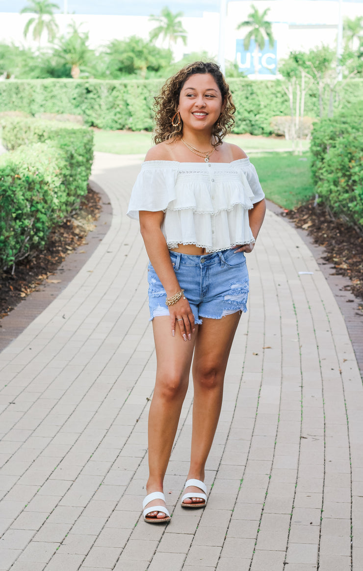 The Tiered Smocked Babydoll Top (White)