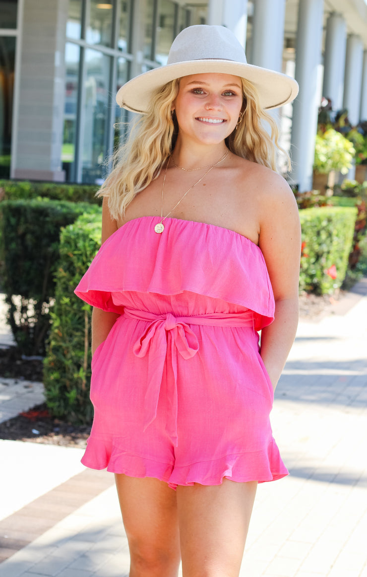 The "Boss Babe" Linen Romper (Hot Pink)