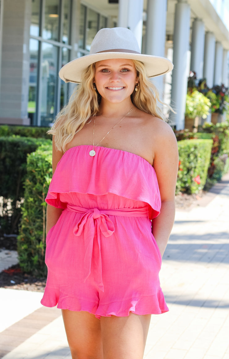 The "Boss Babe" Linen Romper (Hot Pink)