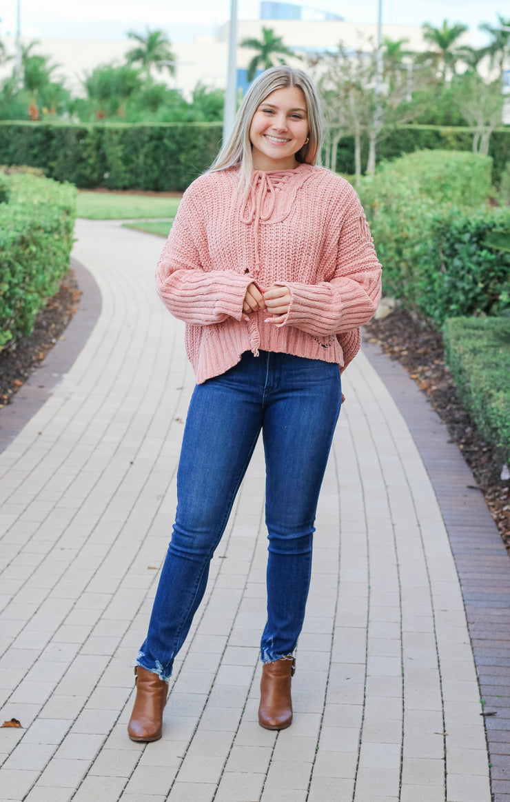 The Distressed Lace-Up Hoodie (Pink)