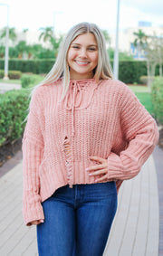 The Distressed Lace-Up Hoodie (Pink)