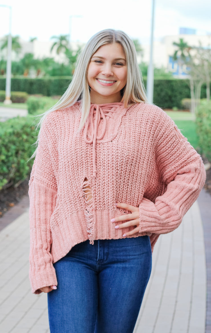 The Distressed Lace-Up Hoodie (Pink)