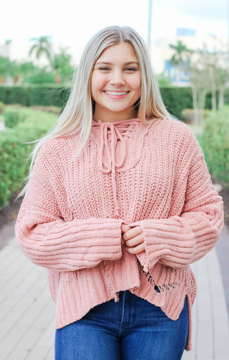 The Distressed Lace-Up Hoodie (Pink)