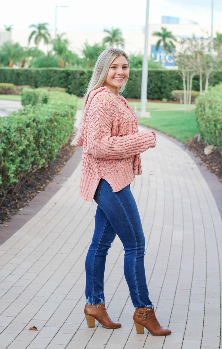 The Distressed Lace-Up Hoodie (Pink)