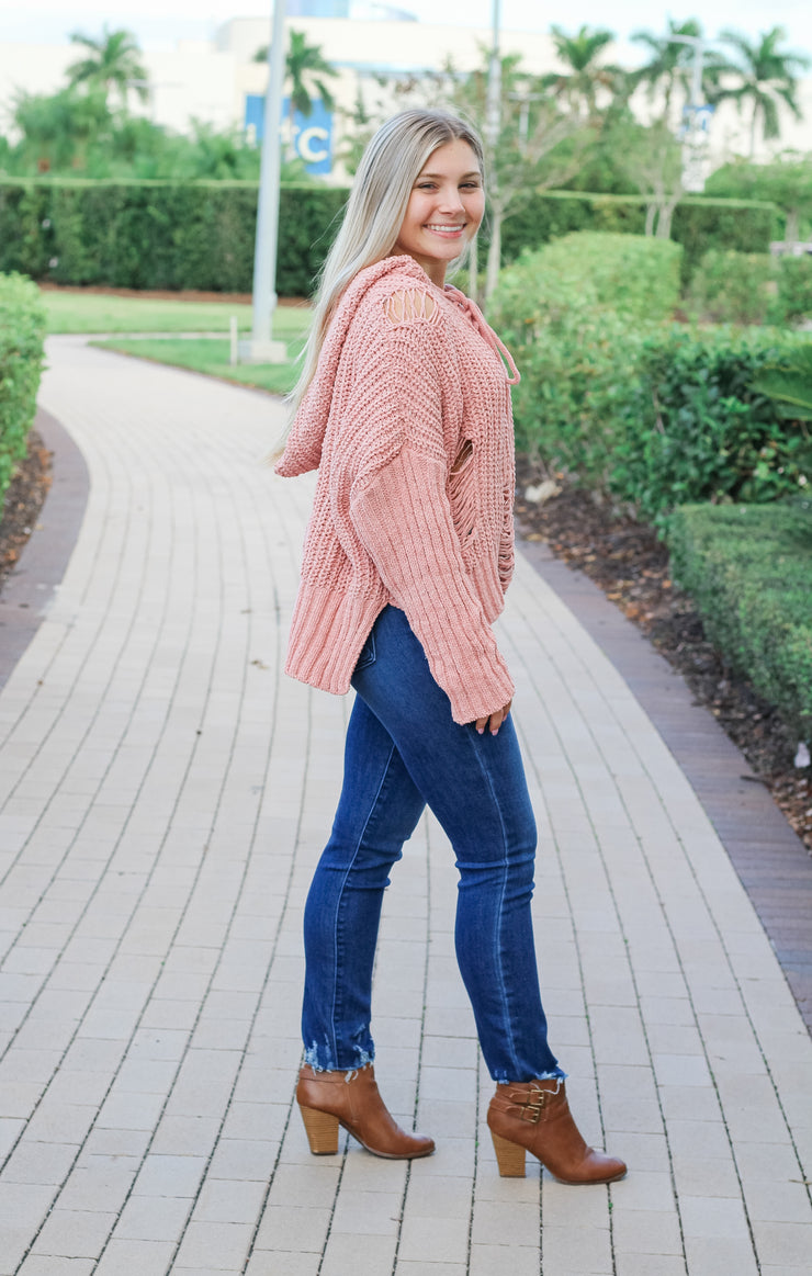 The Distressed Lace-Up Hoodie (Pink)