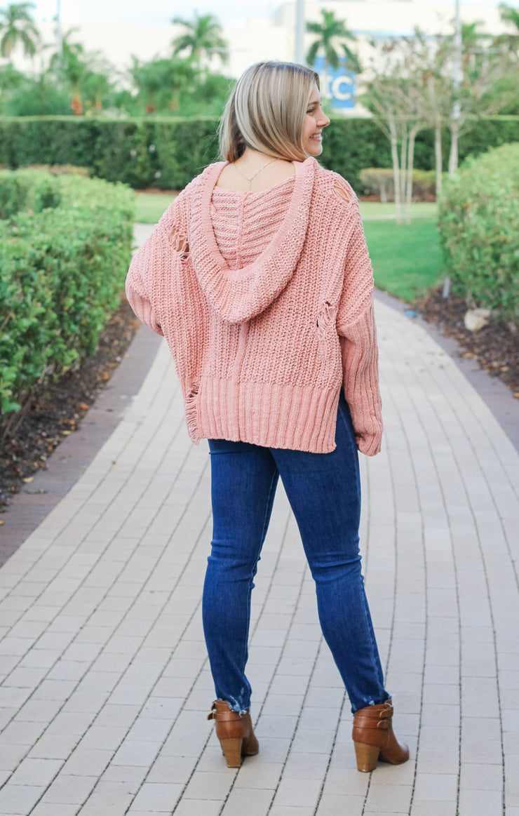 The Distressed Lace-Up Hoodie (Pink)
