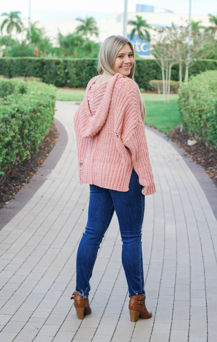 The Distressed Lace-Up Hoodie (Pink)