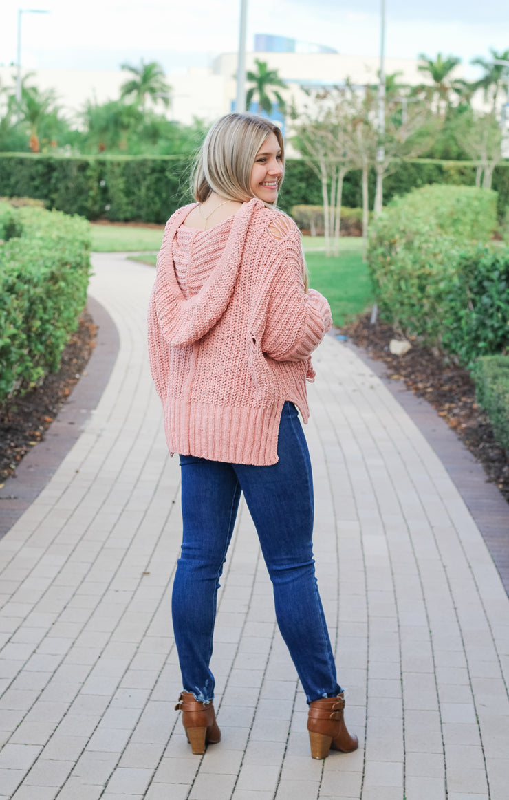 The Distressed Lace-Up Hoodie (Pink)