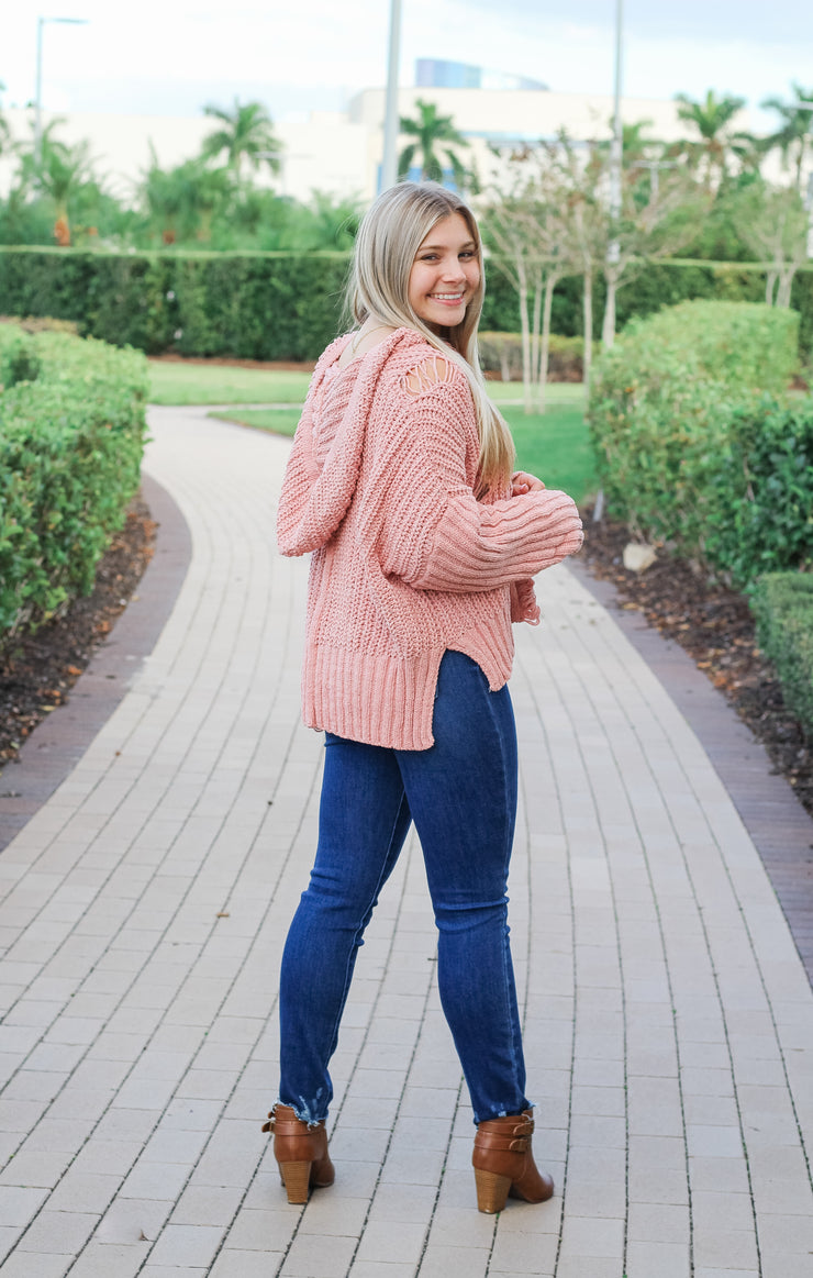 The Distressed Lace-Up Hoodie (Pink)