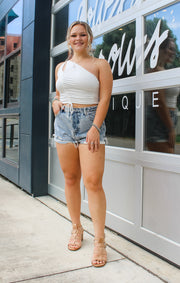 The One Shoulder Ruched Crop Top (White)