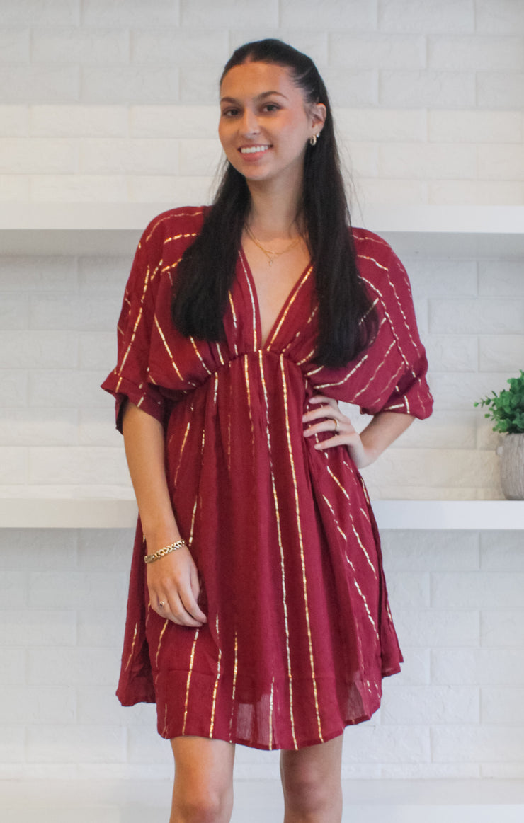 The Sequin Stripe Mini Dress (Garnet & Gold)