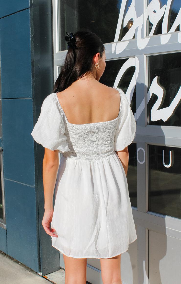 The Off Shoulder Smocked Mini (White)