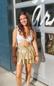 The Faux Leather Flounce Skirt (Gold)