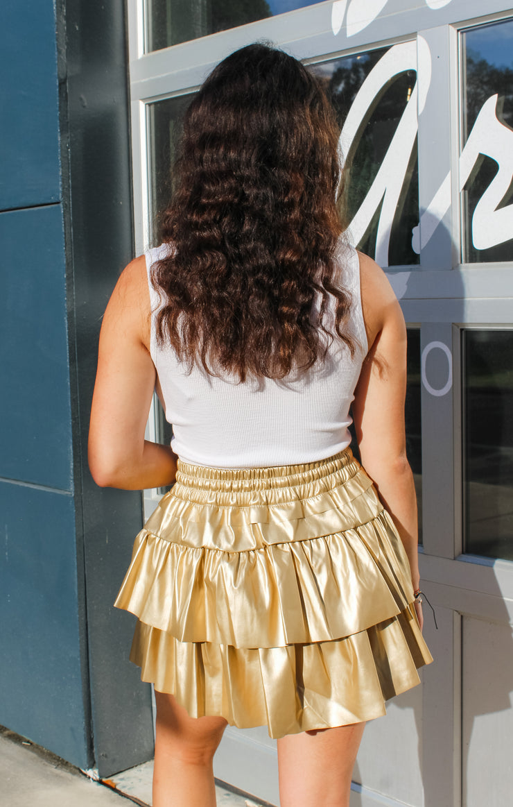 The Faux Leather Flounce Skirt (Gold)