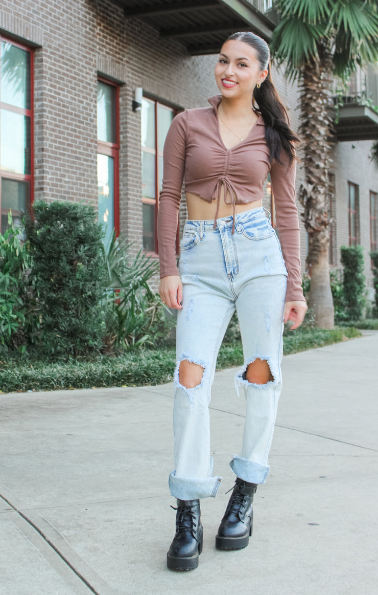 The Drawstring Ruched Crop (Brown)