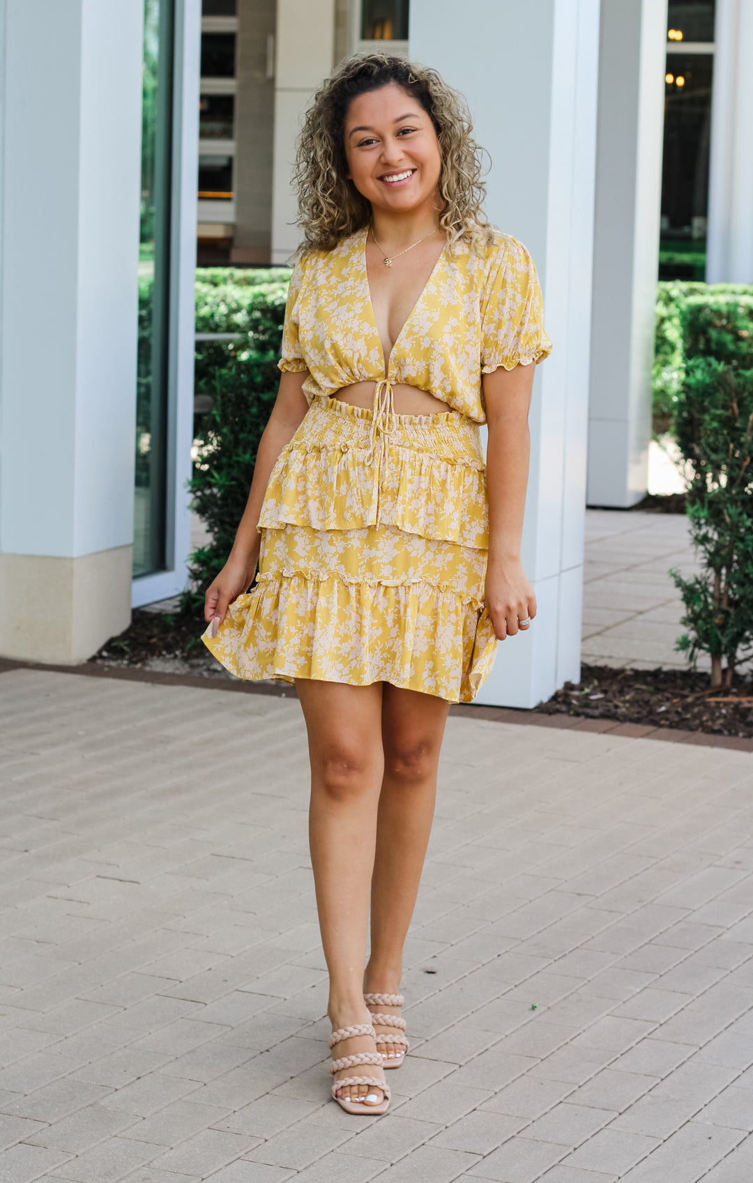Women's Southern Clothing Boutique - Mable - The Ruffled Cut-Out Mini Dress (Gold) S Women's Southern Clothing Boutique - Mable - The Ruffled Cut-Out Mini Dress (Gold) S