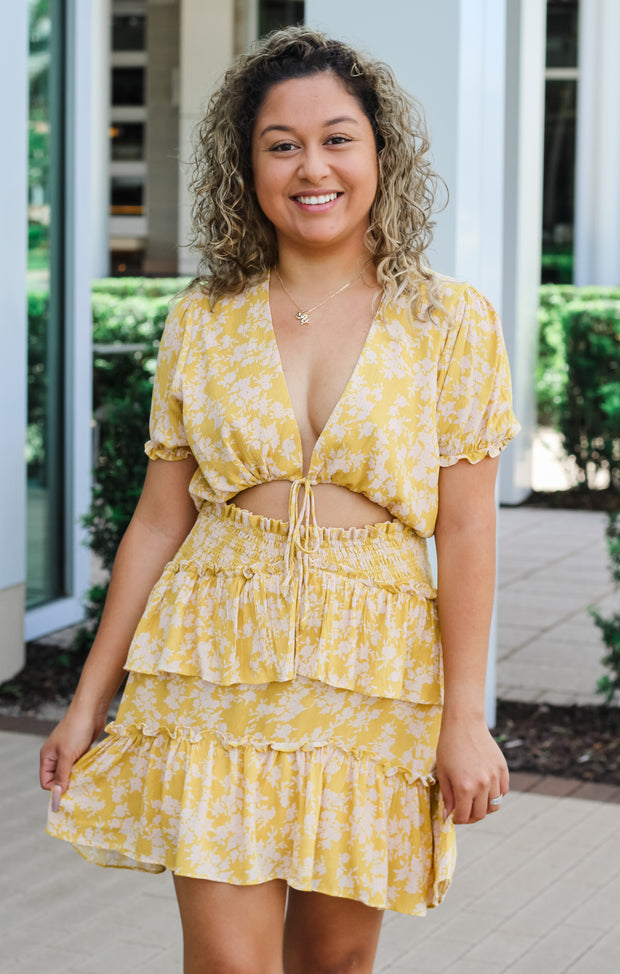 Women's Southern Clothing Boutique - Mable - The Ruffled Cut-Out Mini Dress (Gold) Bows and Arrows Co Women's Southern Clothing Boutique - Mable - The Ruffled Cut-Out Mini Dress (Gold) Bows and Arrows Co