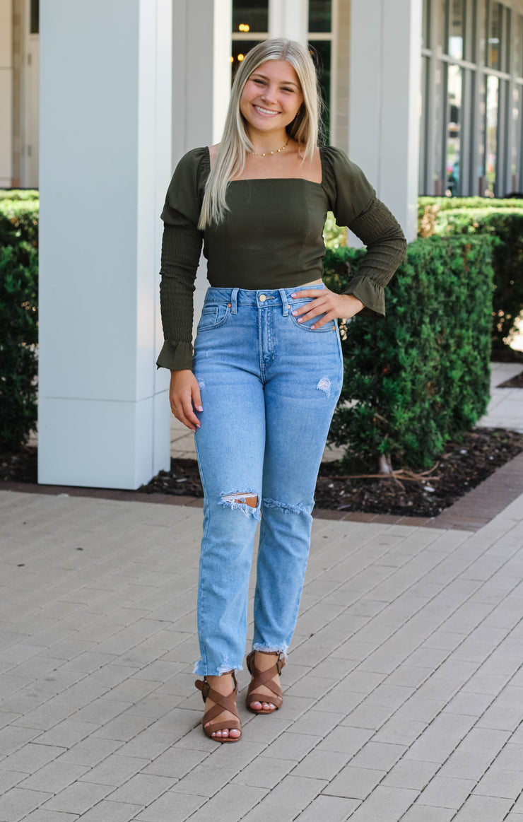 The Shirred Long Sleeve Crop (Olive)